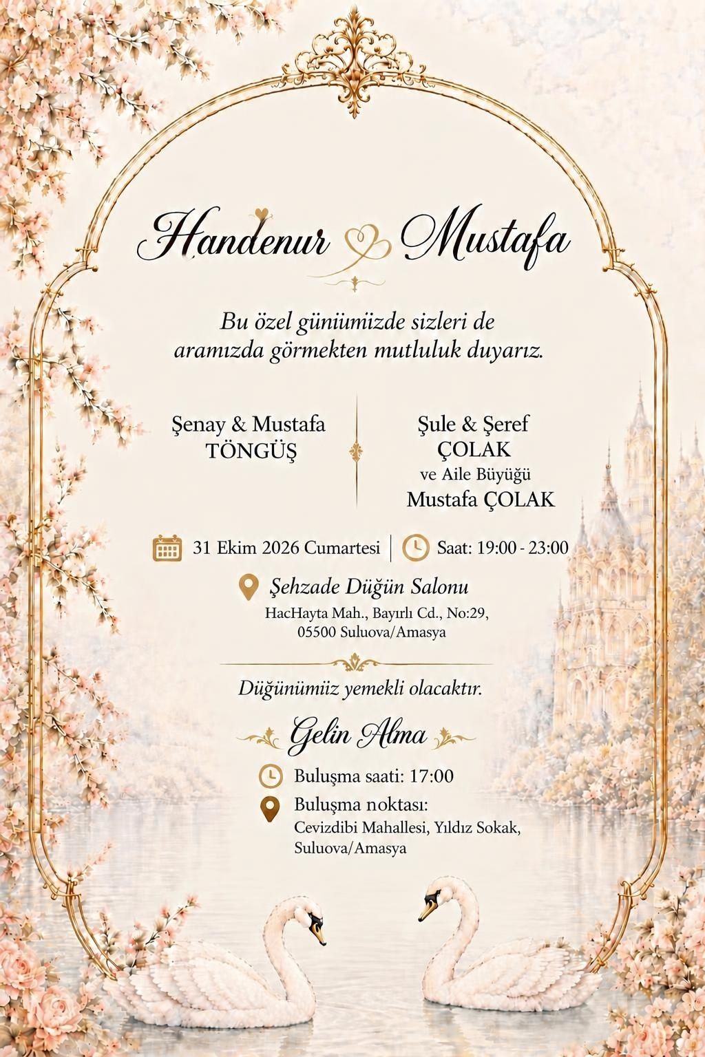 Handenur ve Mustafa’nın düğün davetiyesi: 31 Ekim 2026 Cumartesi, saat 19:00-23:00, Şehzade Düğün Salonu, Suluova/Amasya. Gelin alma saat 17:00.